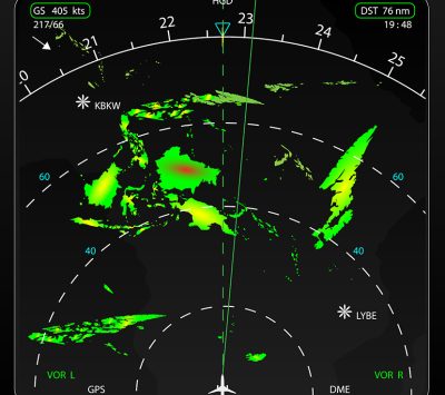 Commercial airplane's on board radar, displaying weather information, raster copy